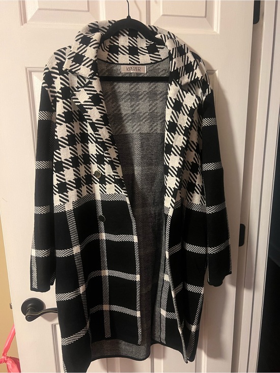 Kasper Sweaters - Kasper Black & White Plaid Open-Front Cardigan Coat